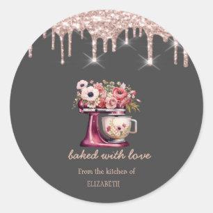 Pegatina Redonda Flores de mezclador rojas Rose Gold Drips Bakery