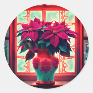Pegatina Redonda Flores de Nochebuena de fantasía