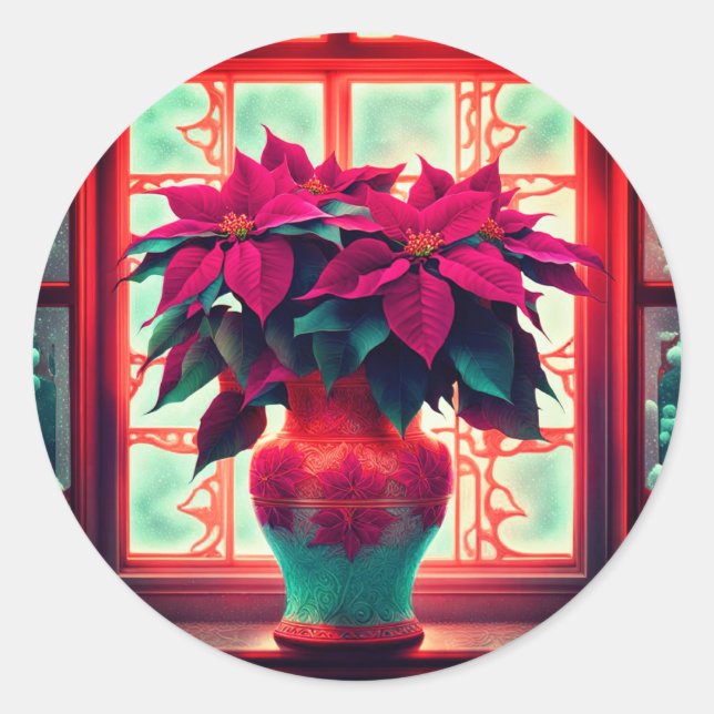 Pegatina Redonda Flores de Nochebuena de fantasía  (Anverso)