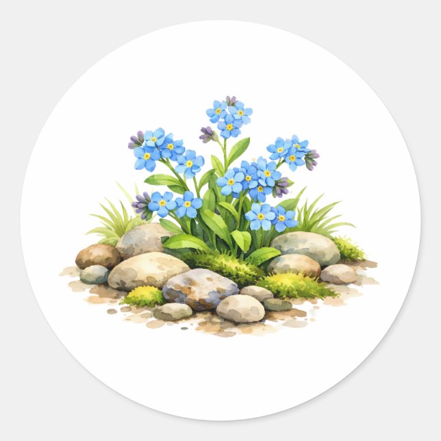 Pegatina Redonda Flores de nomeolvides acuarela junto a las rocas (Anverso)