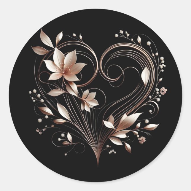 Pegatina Redonda Flores de oro Rosa modernas con corazón (Anverso)