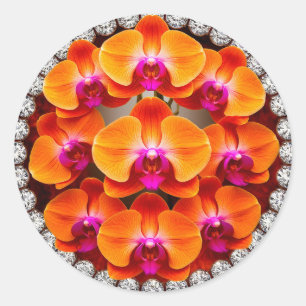 Pegatina Redonda Flores de orquídea incrustadas en cristales