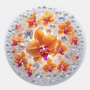 Pegatina Redonda Flores de orquídea incrustadas en cristales