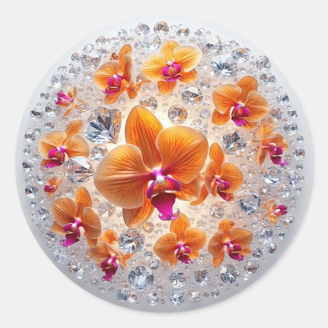 Pegatina Redonda Flores de orquídea incrustadas en cristales (Anverso)