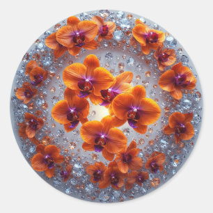 Pegatina Redonda Flores de orquídea incrustadas en cristales
