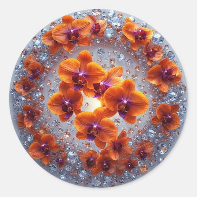 Pegatina Redonda Flores de orquídea incrustadas en cristales (Anverso)