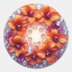 Pegatina Redonda Flores de orquídea incrustadas en cristales