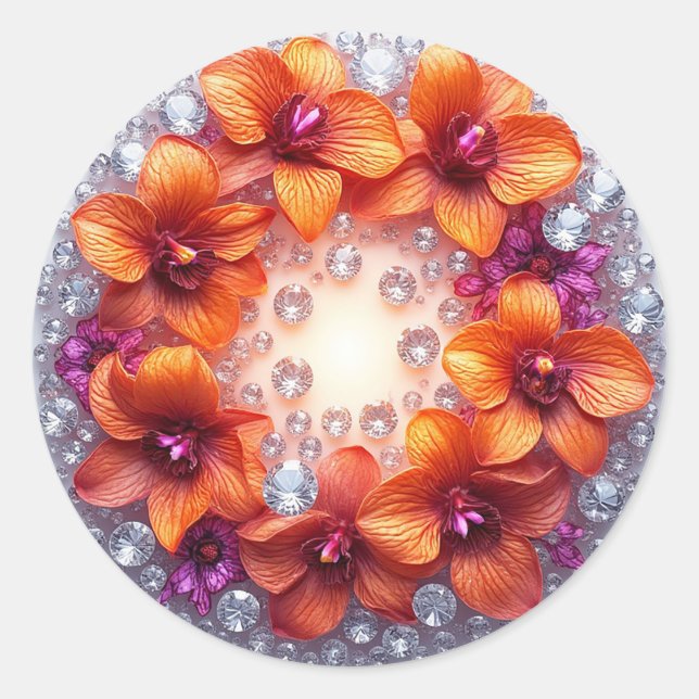 Pegatina Redonda Flores de orquídea incrustadas en cristales (Anverso)