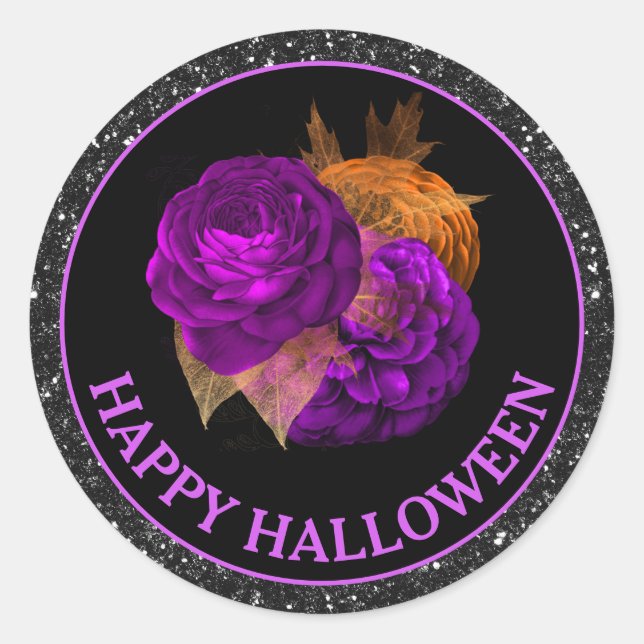 Pegatina Redonda Flores de otoño naranjas y moradas Feliz Halloween (Anverso)