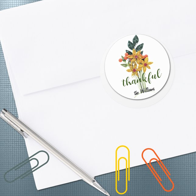 Pegatina Redonda Flores de otoño personalizadas con 'agradecido' (Subido por el creador)