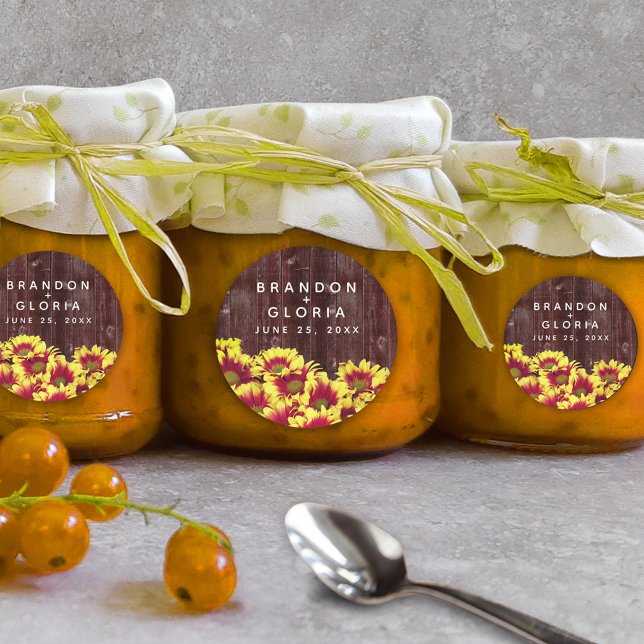 Pegatina Redonda Flores de otoño rusticas en Boda de vallas (Autumn Sunflowers on Rustic Wooden Fence Wedding Round Sticker Cover Photo.)