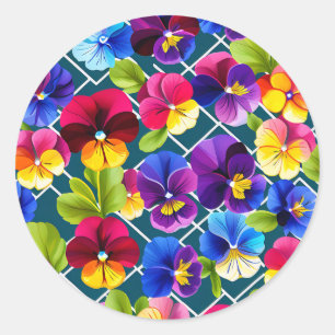 Pegatina Redonda Flores de pansy geométricas vibrantes