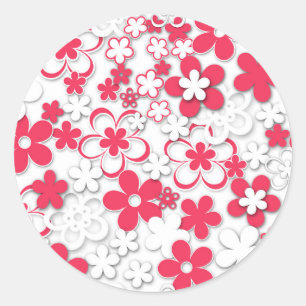 Pegatina Redonda Flores de papel rojo y blanco