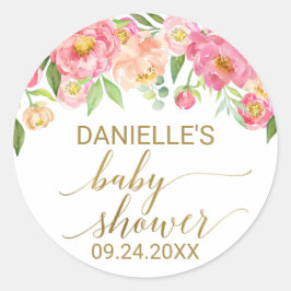 Pegatina Redonda Flores de peonía rosada y rosa Baby Shower Favor