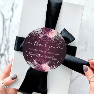 Pegatina Redonda Flores de plata de Borgoña, corazón, gracias boda