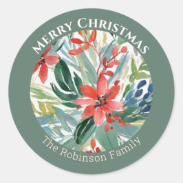 Pegatina Redonda Flores de Poinsettia Rojas Salen Elegantes Botánic