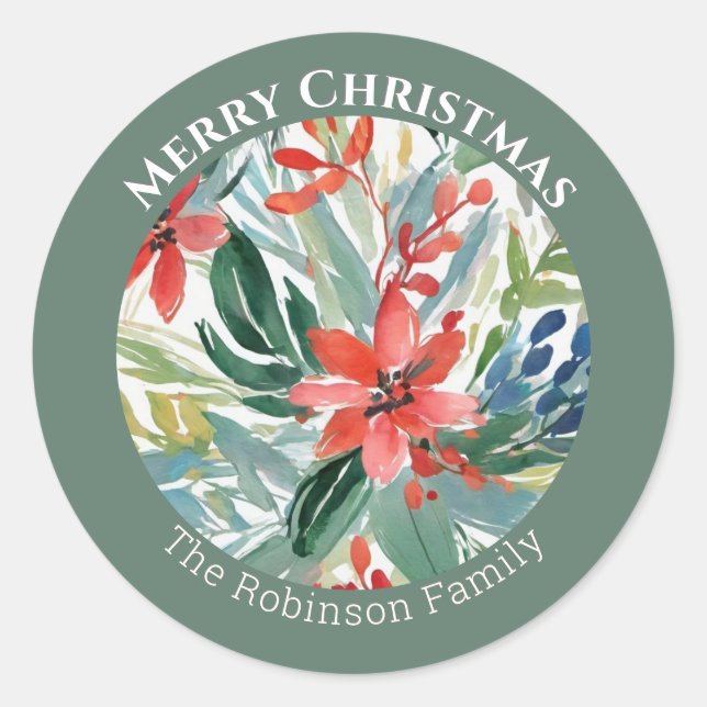 Pegatina Redonda Flores de Poinsettia Rojas Salen Elegantes Botánic (Anverso)