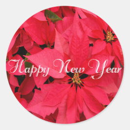Pegatina Redonda Flores de Poinsettias Rojas Feliz Año Nuevo feliz