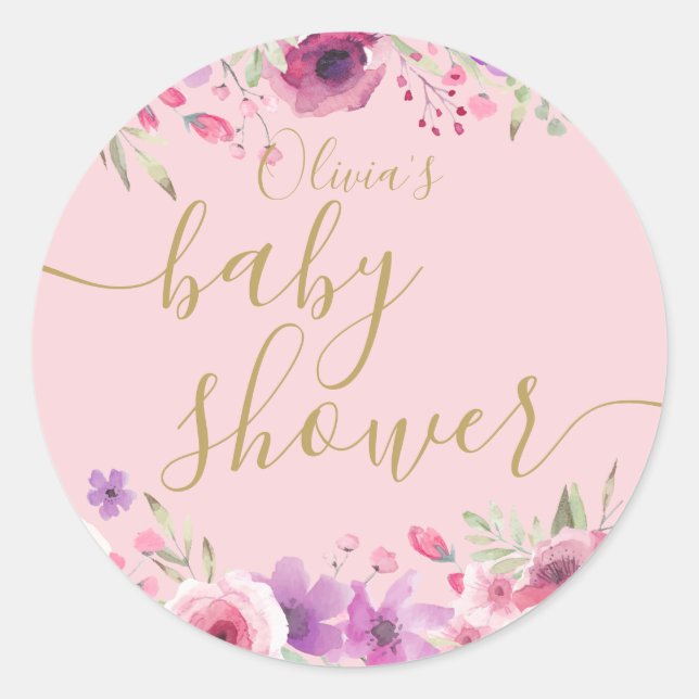Pegatina Redonda Flores de prado Rosa Baby Shower (Anverso)