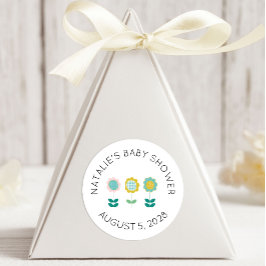 Pegatina Redonda Flores de primavera Baby Shower de mariposa rosa