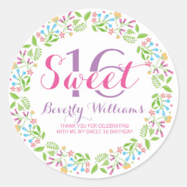 Pegatina Redonda Flores de primavera coloridas Wreath Sweet 16