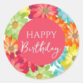Pegatina Redonda Flores de primavera coloridas y felices cumpleaños