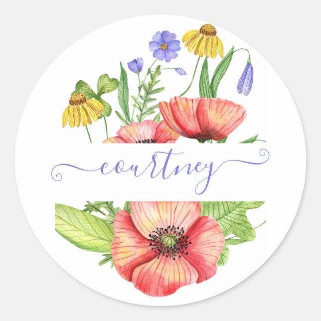 Pegatina Redonda Flores de primavera en acuarela personalizadas (Anverso)