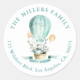 Pegatina Redonda Flores de primavera en globo caliente de conejo de