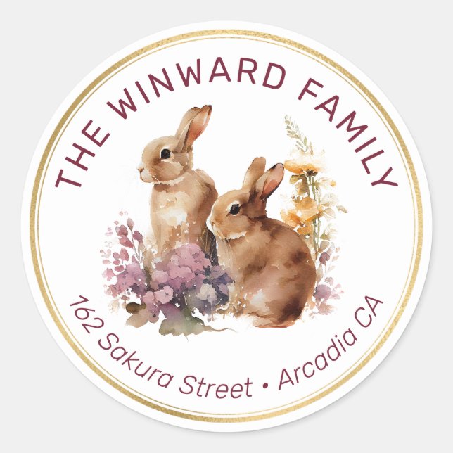 Pegatina Redonda Flores de primavera y conejos dirección de retorno (Anverso)