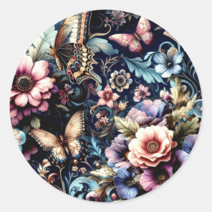 Pegatina Redonda Flores de primavera y mariposas antiguas