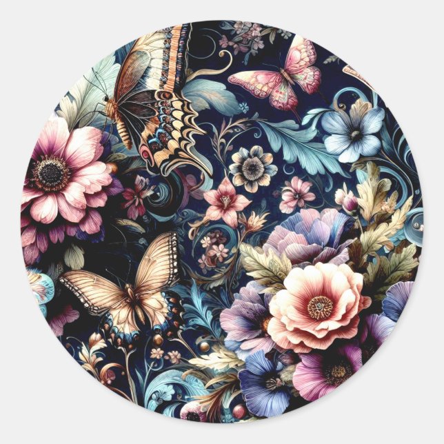 Pegatina Redonda Flores de primavera y mariposas antiguas (Anverso)