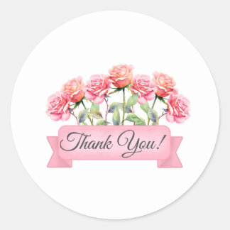 Pegatina Redonda Flores de Rosa con Estandarte Floral Gracias