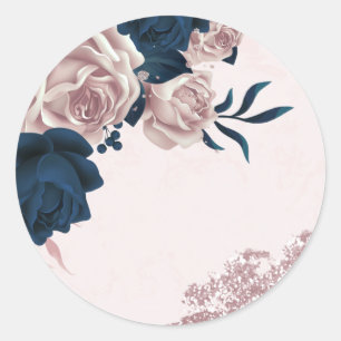 Pegatina Redonda flores de rosa polvorientas y marinas rosadas