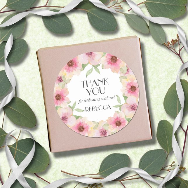 Pegatina Redonda Flores de Rubor rosa acuarela (3" round stickers with yellow and pink blush flowers, thank you and your name)