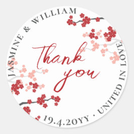 Pegatina Redonda Flores de Sakura Rojas Florecen cerezos Boda asiát