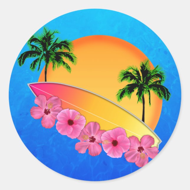 Pegatina Redonda Flores de Surfboard e Hibiscus (Anverso)