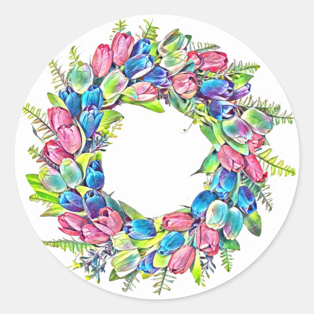 Pegatina Redonda flores de tulipán mural de pintura acuarela (Anverso)