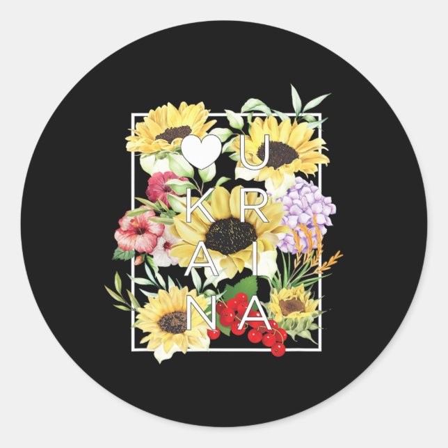 Pegatina Redonda Flores de Ucrania Arte con Palabras - Orgullo Ucra (Anverso)