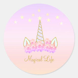 Pegatina Redonda Flores de unicornio estrellas