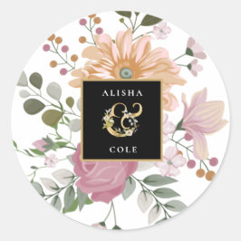Pegatina Redonda Flores de verano en Boda blanco