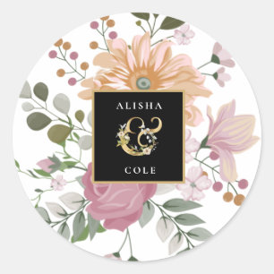 Pegatina Redonda Flores de verano en Boda blanco