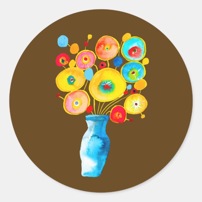 Pegatina Redonda Flores divertidas arte acuarela (Anverso)