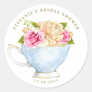 Pegatina Redonda Flores en Acuarela en Taza de Té para Desayuno de