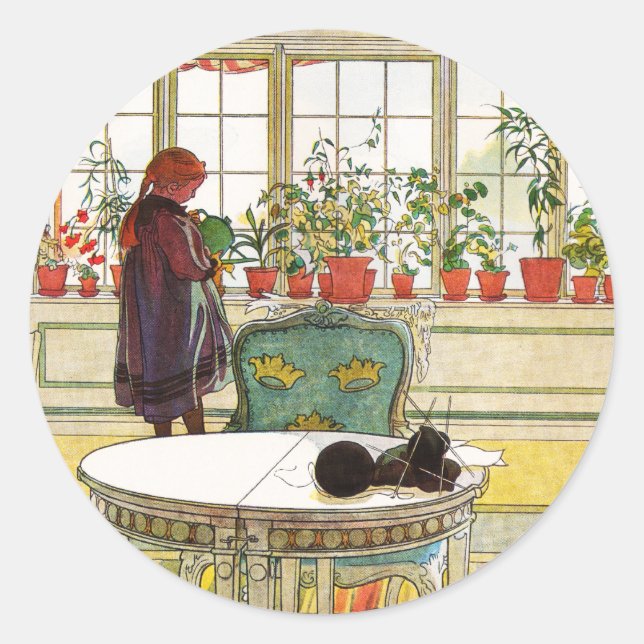 Pegatina Redonda Flores en el Windowsill por Carl Larsson (Anverso)