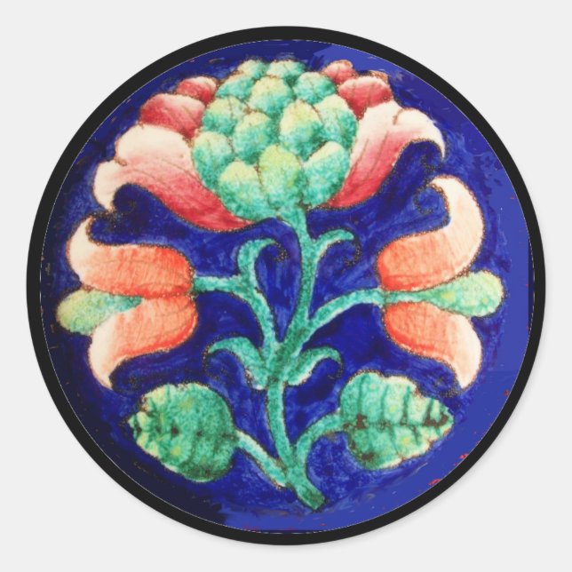 PEGATINA REDONDA FLORES ESTILIZADOS/ FLORAL AZUL VERDE ROJO ROJO (Anverso)