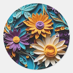 Pegatina Redonda Flores etéreas: Arte de papel floral acalorado