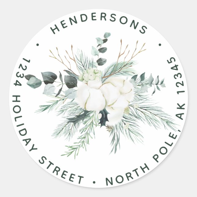 Pegatina Redonda Flores Evergreen y Cotton Elegante Dirección de Re (Anverso)