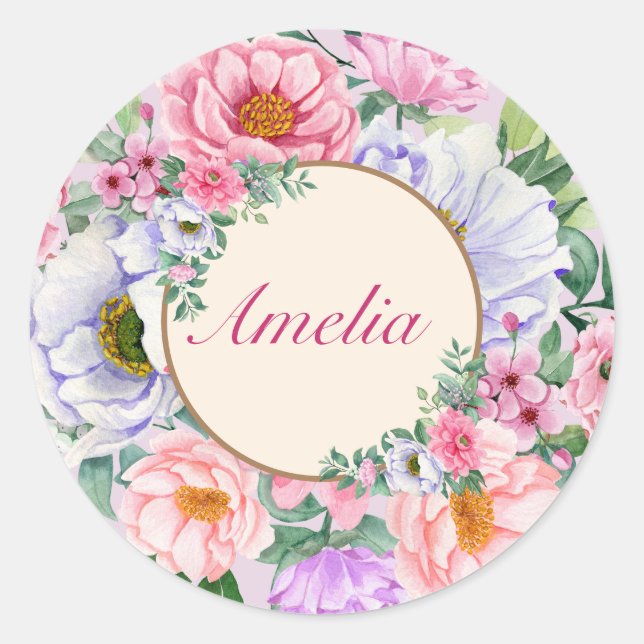 Pegatina Redonda Flores Fiestas Delicadas del Jardín de Verano (Anverso)