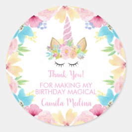 Pegatina Redonda Flores florales mágicas de la fiesta de cumpleaños