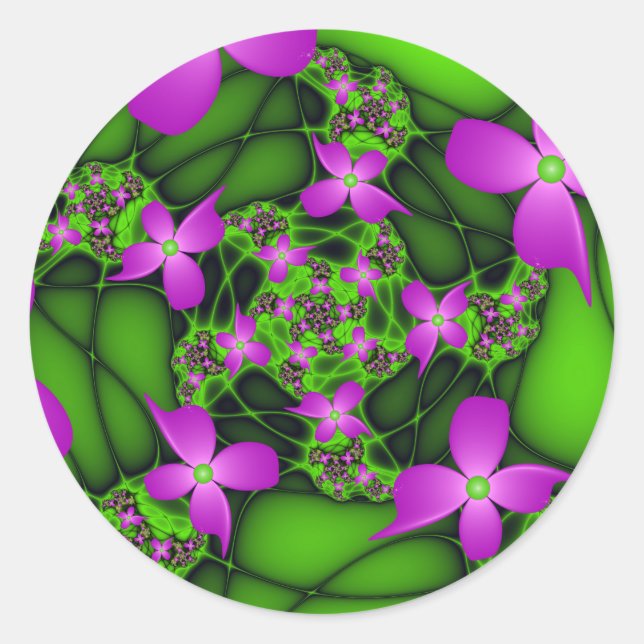 Pegatina Redonda Flores fractales abstractas modernas neón rosa ver (Anverso)